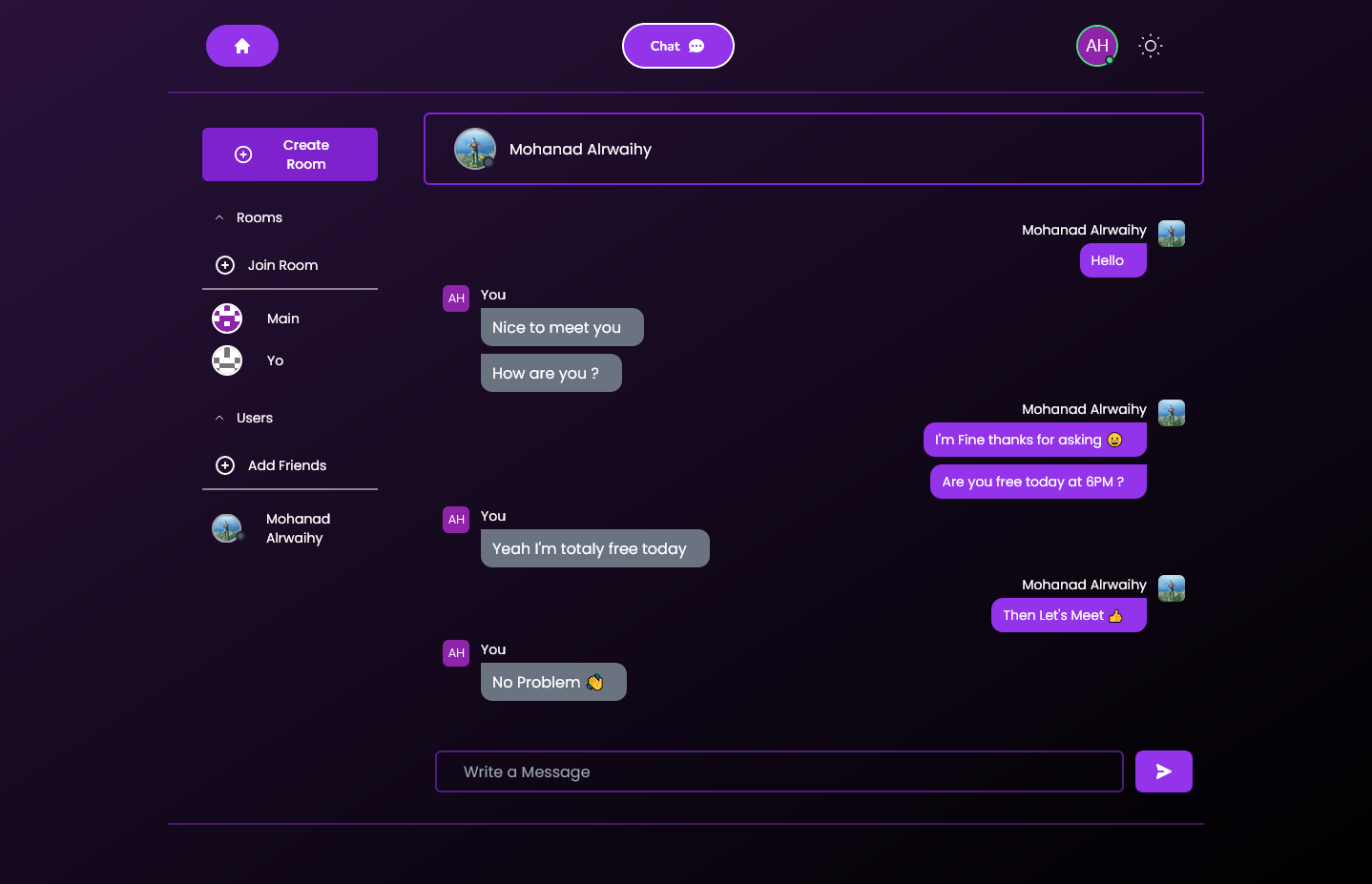 Chat Page showing the layout of the page in Dark Mode